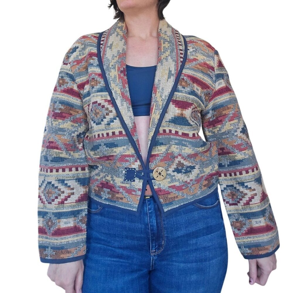 Vintage 90s Flashback Cropped Southwestern Tapestry Blanket Jacket Women Size L